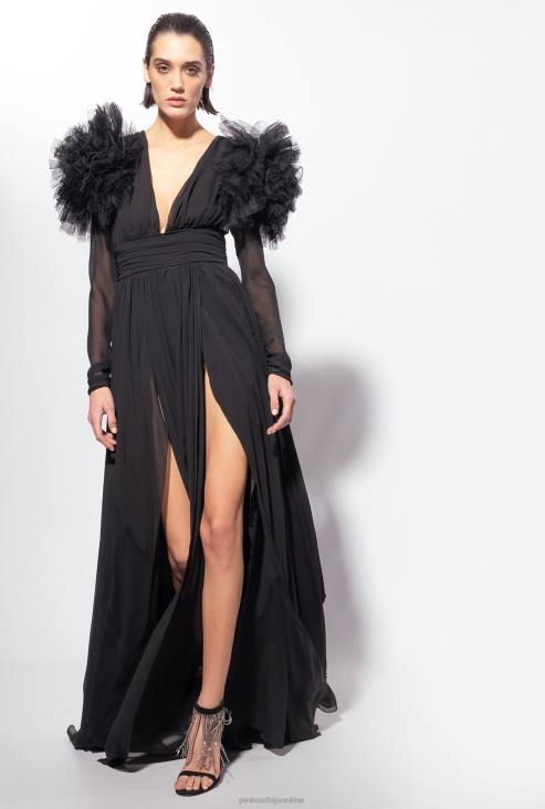 дуге хаљине | Pinko лимузина црна дуга хаљина од шифона и тила JFH4187