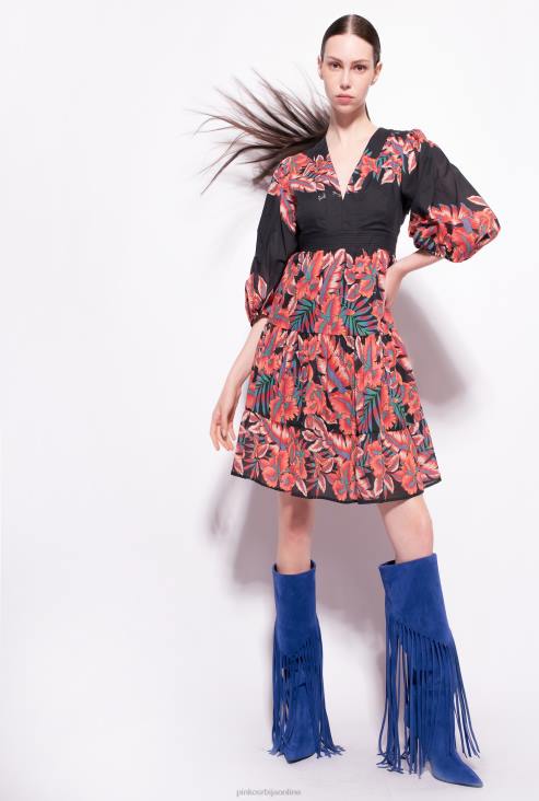 кратке хаљине | Pinko мулти. Црна црвена памучна хаљина са тропским принтом JFH482
