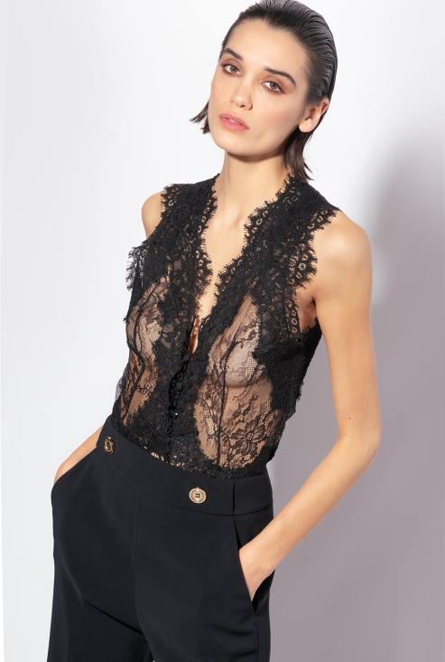 врх | Pinko лимузина црна валенциеннес чипкани прслук JFH4353