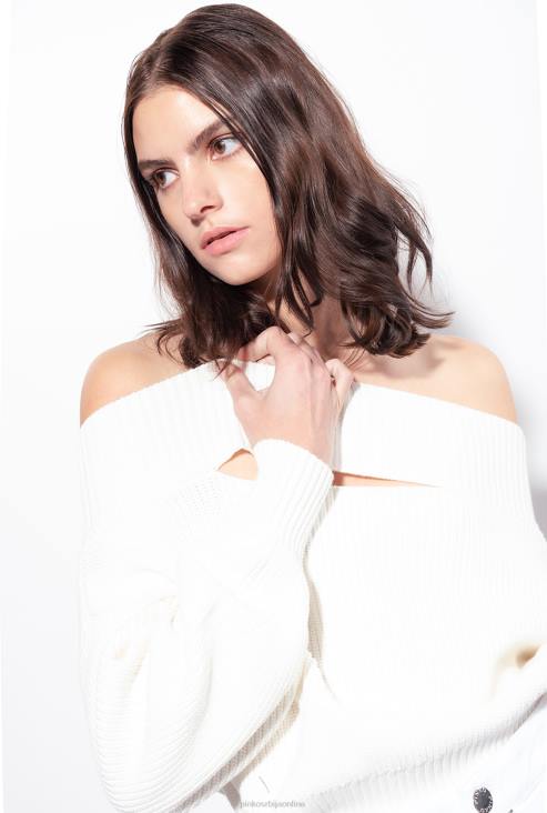 џемпери | Pinko свилено бело рибарски пуловер са широким плетењем на ребра JFH4496